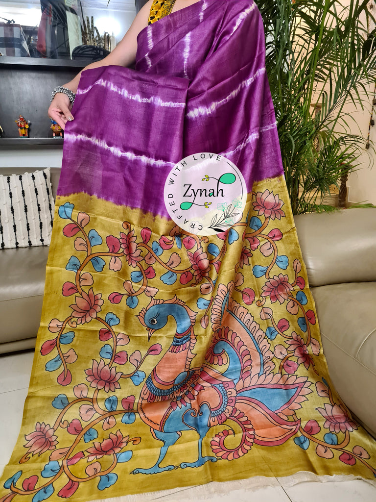 Zynah Purple Color Pure Tussar Silk Saree with Shibori Print & Kalamkari Pallu; Custom Stitched/Ready-made Blouse, Fall, Petticoat; Shipping available USA, Worldwide