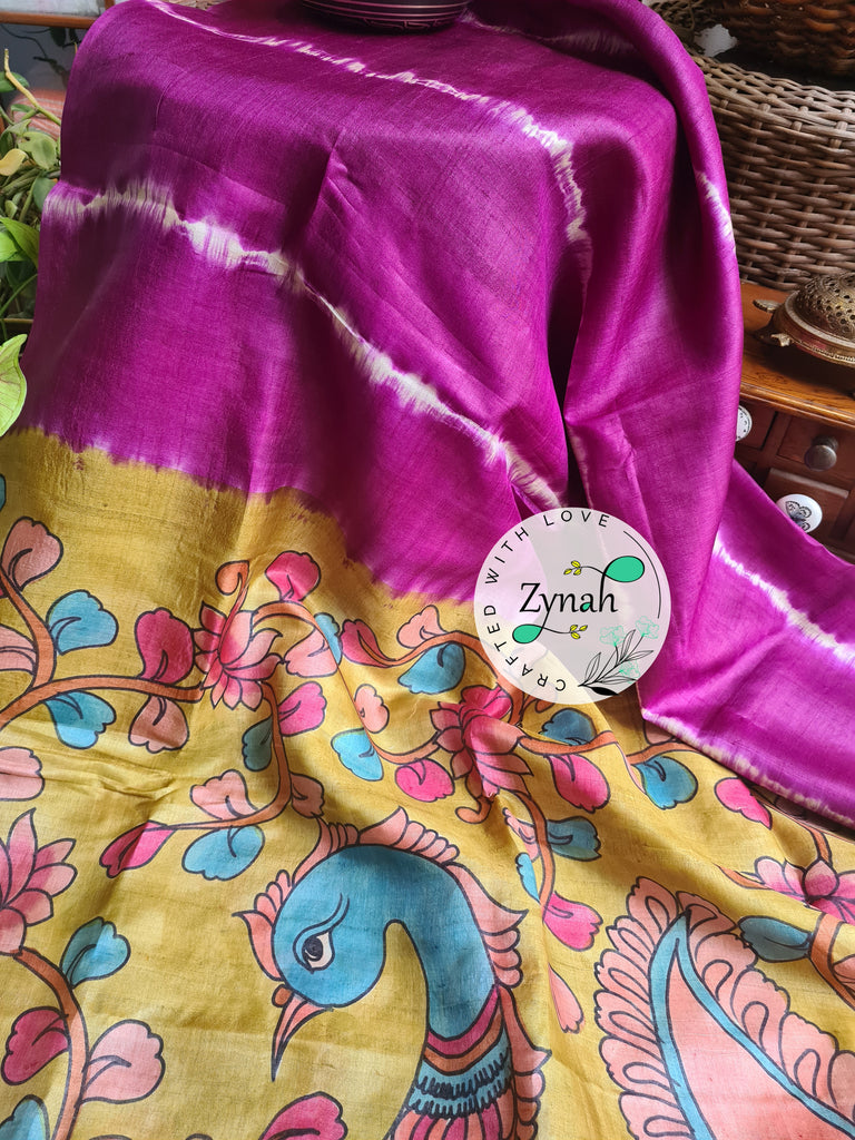 Zynah Purple Color Pure Tussar Silk Saree with Shibori Print & Kalamkari Pallu; Custom Stitched/Ready-made Blouse, Fall, Petticoat; Shipping available USA, Worldwide