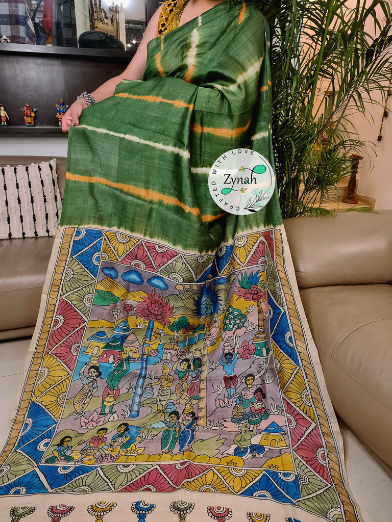 Zynah Green Color Pure Tussar Silk Saree with Shibori Print & Kalamkari Pallu; Custom Stitched/Ready-made Blouse, Fall, Petticoat; Shipping available USA, Worldwide