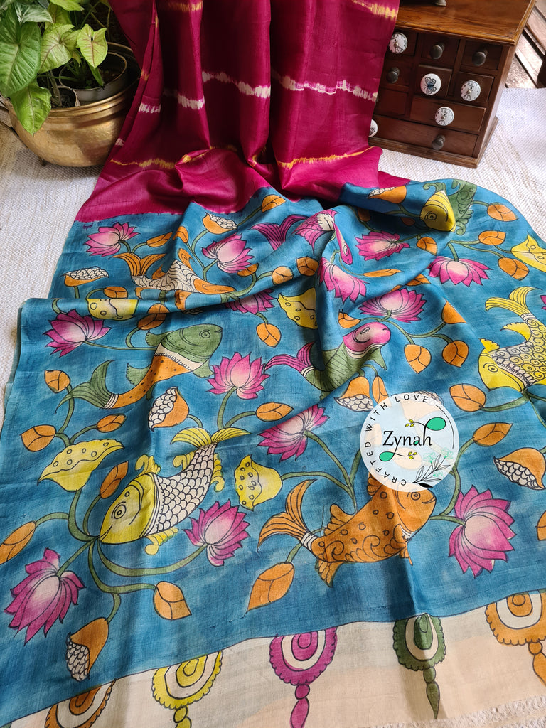 Zynah Pink Color Pure Tussar Silk Saree with Shibori Print & Kalamkari Pallu; Custom Stitched/Ready-made Blouse, Fall, Petticoat; Shipping available USA, Worldwide
