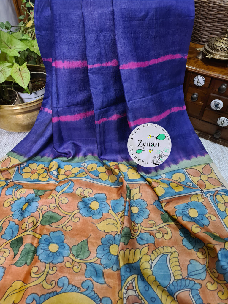 Zynah Bluish Violet Color Pure Tussar Silk Saree with Shibori Print & Kalamkari Pallu; Custom Stitched/Ready-made Blouse, Fall, Petticoat; Shipping available USA, Worldwide