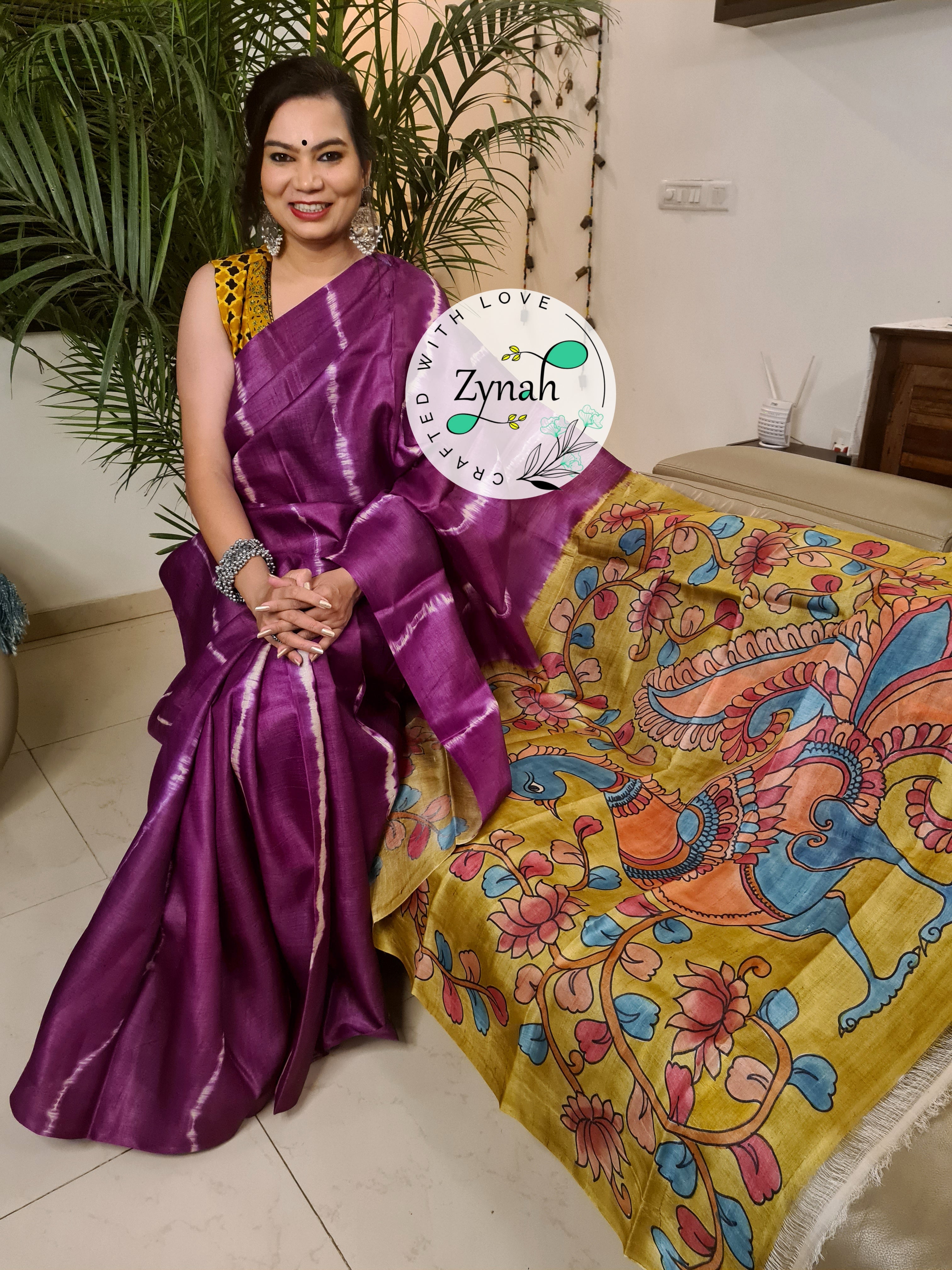 Zynah Purple Color Pure Tussar Silk Saree with Shibori Print & Kalamkari Pallu; Custom Stitched/Ready-made Blouse, Fall, Petticoat; Shipping available USA, Worldwide