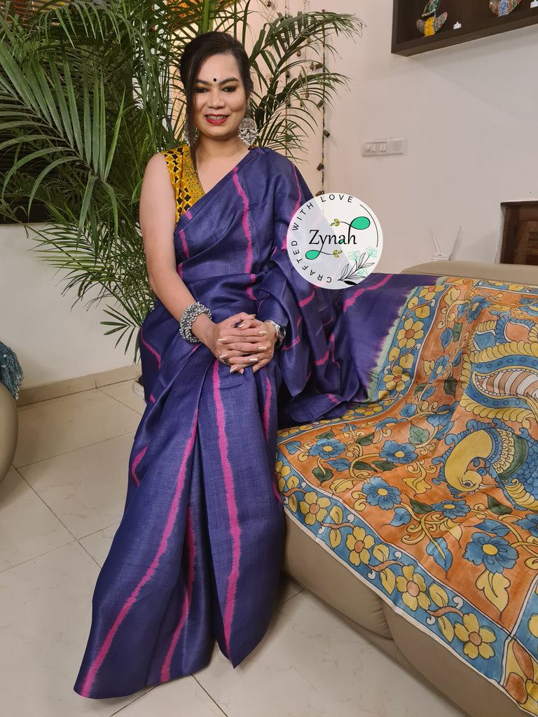 Zynah Bluish Violet Color Pure Tussar Silk Saree with Shibori Print & Kalamkari Pallu; Custom Stitched/Ready-made Blouse, Fall, Petticoat; Shipping available USA, Worldwide