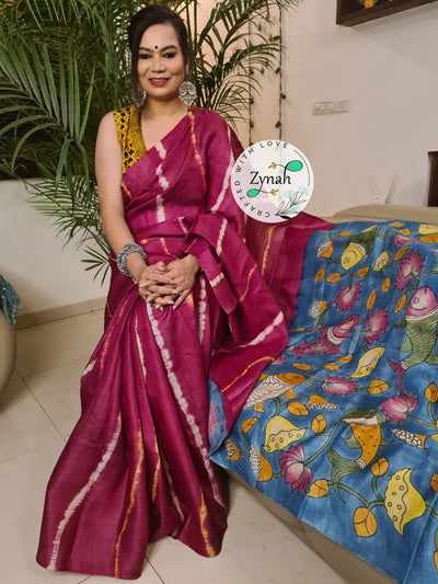 Zynah Pink Color Pure Tussar Silk Saree with Shibori Print & Kalamkari Pallu; Custom Stitched/Ready-made Blouse, Fall, Petticoat; Shipping available USA, Worldwide