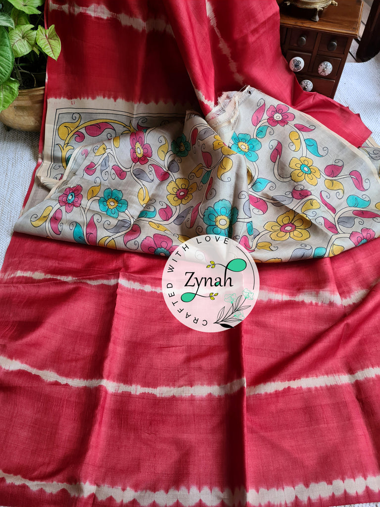 Zynah Red Color Pure Tussar Silk Saree with Shibori Print & Kalamkari Pallu; Custom Stitched/Ready-made Blouse, Fall, Petticoat; Shipping available USA, Worldwide