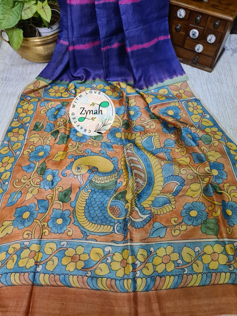 Zynah Bluish Violet Color Pure Tussar Silk Saree with Shibori Print & Kalamkari Pallu; Custom Stitched/Ready-made Blouse, Fall, Petticoat; Shipping available USA, Worldwide