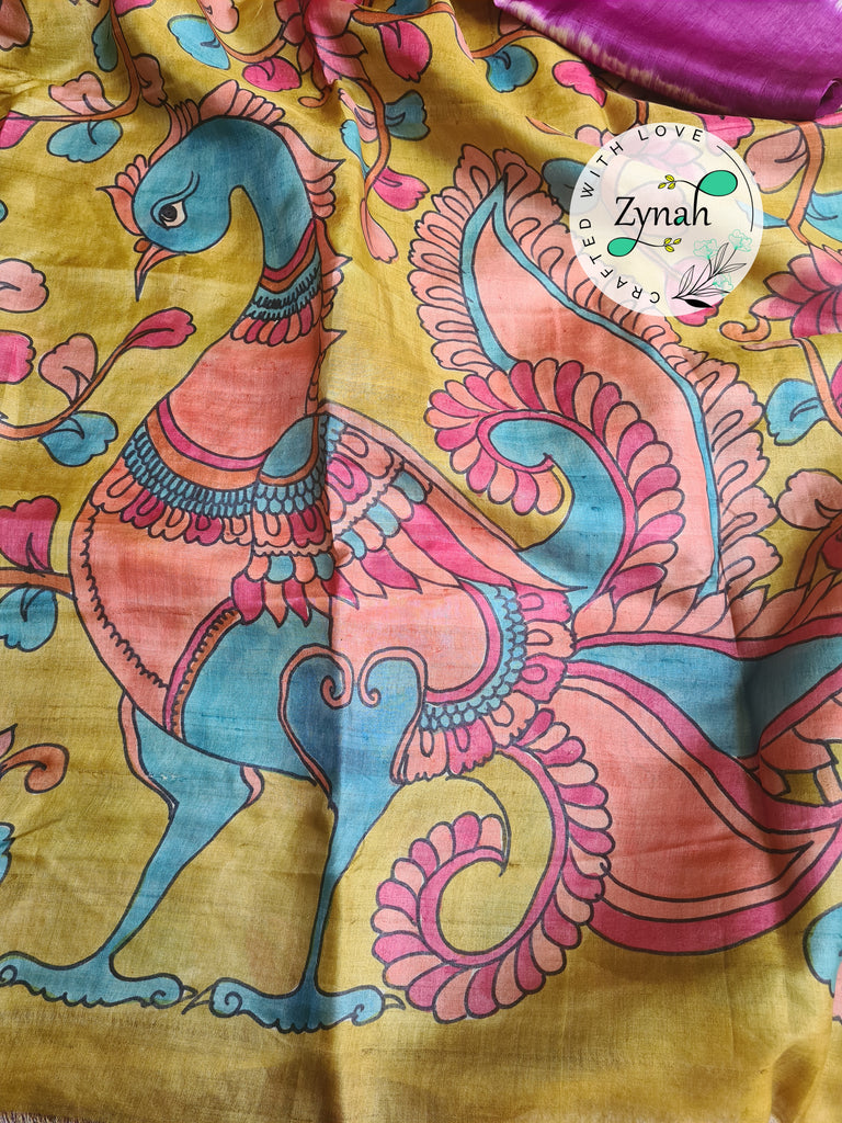 Zynah Purple Color Pure Tussar Silk Saree with Shibori Print & Kalamkari Pallu; Custom Stitched/Ready-made Blouse, Fall, Petticoat; Shipping available USA, Worldwide