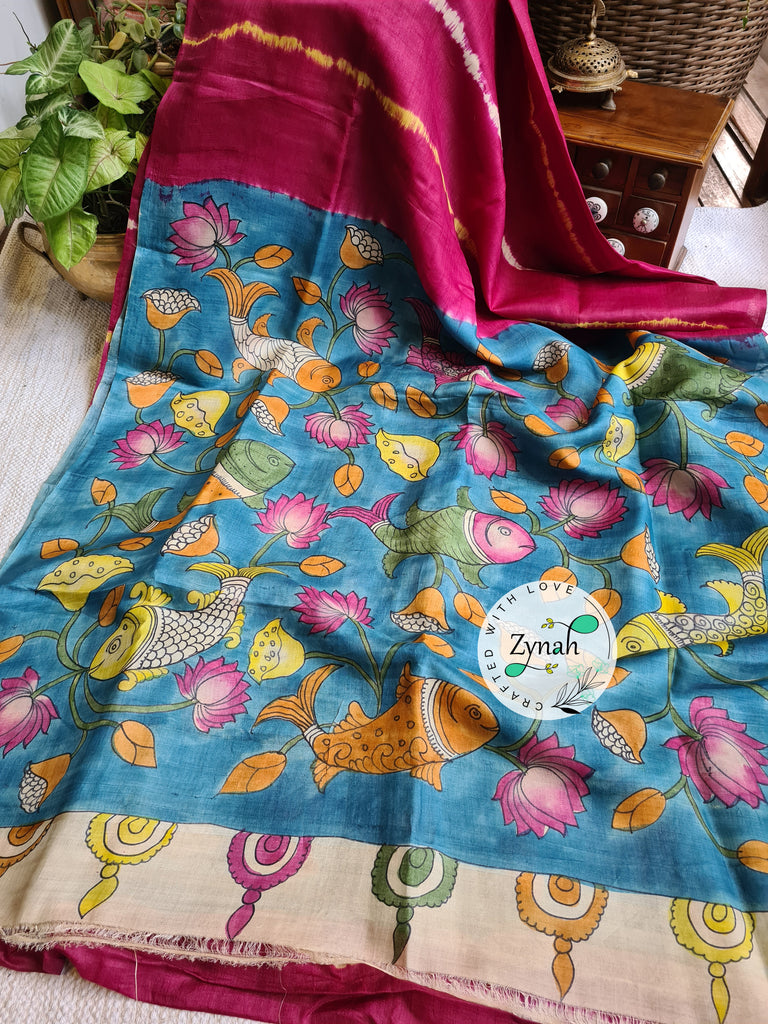 Zynah Pink Color Pure Tussar Silk Saree with Shibori Print & Kalamkari Pallu; Custom Stitched/Ready-made Blouse, Fall, Petticoat; Shipping available USA, Worldwide