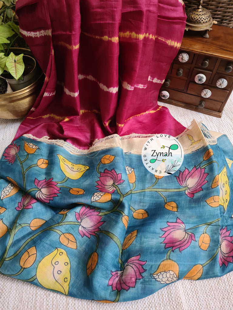 Zynah Pink Color Pure Tussar Silk Saree with Shibori Print & Kalamkari Pallu; Custom Stitched/Ready-made Blouse, Fall, Petticoat; Shipping available USA, Worldwide