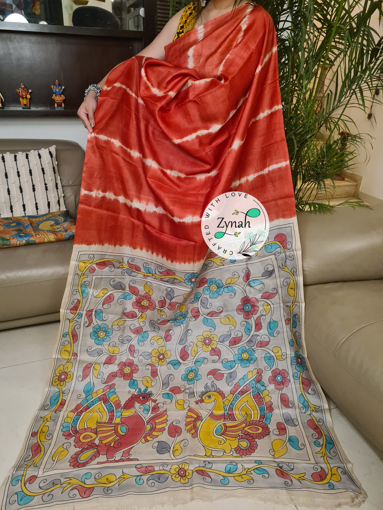 Zynah Red Color Pure Tussar Silk Saree with Shibori Print & Kalamkari Pallu; Custom Stitched/Ready-made Blouse, Fall, Petticoat; Shipping available USA, Worldwide