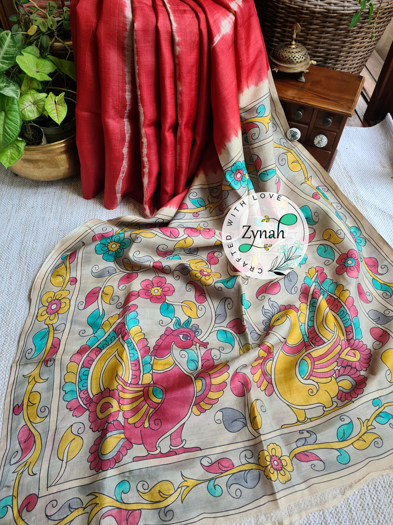 Zynah Red Color Pure Tussar Silk Saree with Shibori Print & Kalamkari Pallu; Custom Stitched/Ready-made Blouse, Fall, Petticoat; Shipping available USA, Worldwide