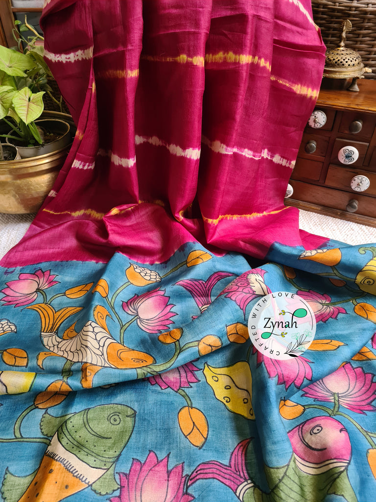 Zynah Pink Color Pure Tussar Silk Saree with Shibori Print & Kalamkari Pallu; Custom Stitched/Ready-made Blouse, Fall, Petticoat; Shipping available USA, Worldwide
