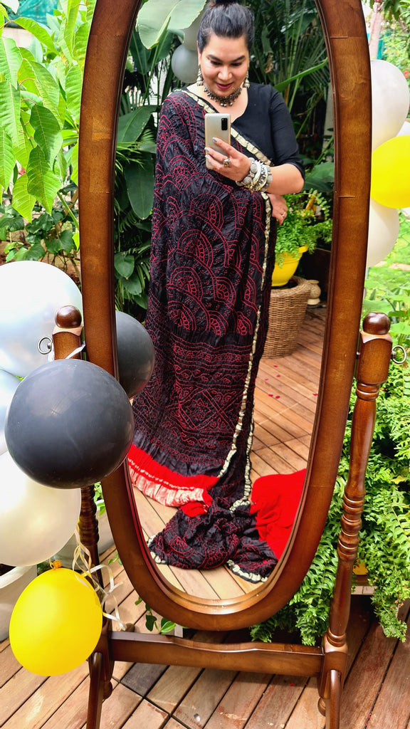 Zynah Pure Gajji Silk Designer Bandhani Saree with Zari Border & Pallu; Custom Stitched/Ready-made Blouse, Fall, Petticoat; Shipping available USA, Worldwide