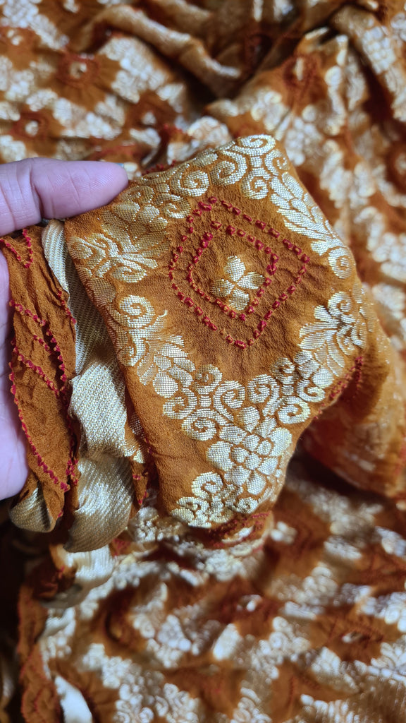 Zynah Pure Georgette Designer Bandhani Saree with Gharchola & Zari Weave; Custom Stitched/Ready-made Blouse, Fall, Petticoat; Shipping available USA, Worldwide