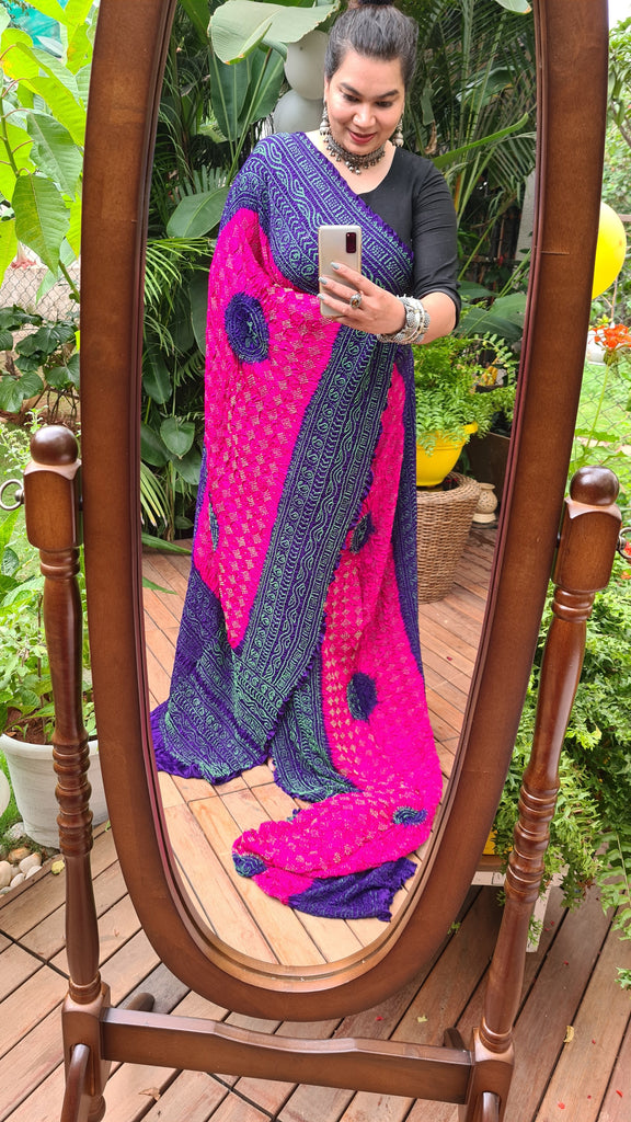 Zynah Pure Gajji Silk Designer Bandhani Saree with Trending Big Border; Custom Stitched/Ready-made Blouse, Fall, Petticoat; Shipping available USA, Worldwide