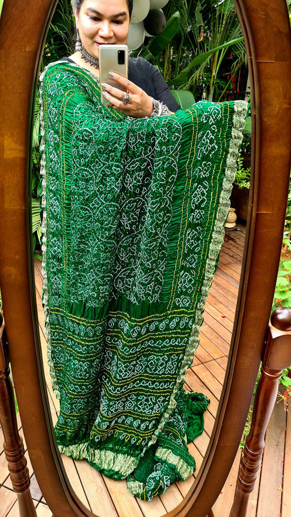 Zynah Pure Gajji Silk Designer Bandhani Saree with Banarasi Border & Pallu; Custom Stitched/Ready-made Blouse, Fall, Petticoat; Shipping available USA, Worldwide