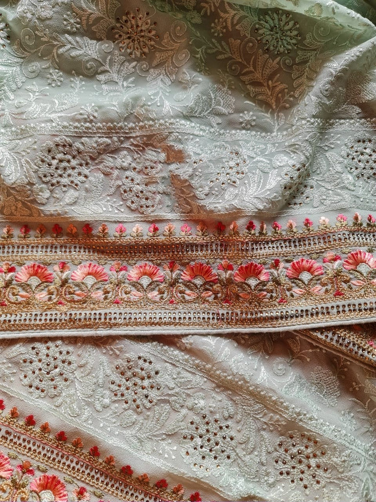 Zynah Soft Georgette Saree with Resham Embroidery & Sarowski Work; Custom Stitched/Ready-made Blouse, Fall, Petticoat; Shipping available USA, Worldwide