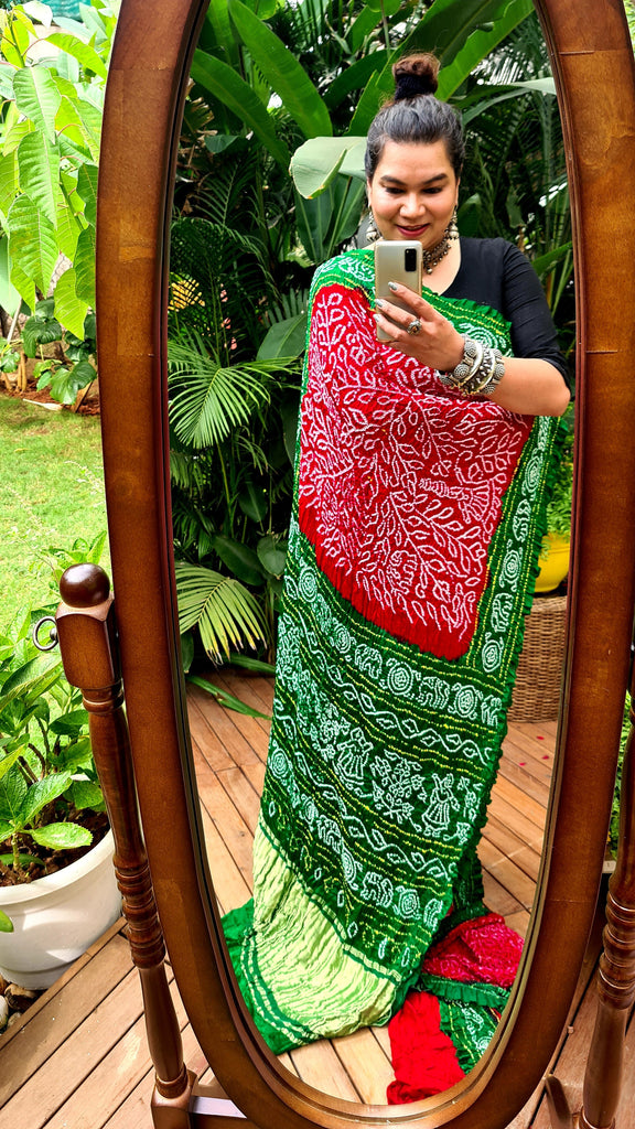Zynah Pure Gajji Silk Designer Bandhani Saree with Tissue Pallu; Custom Stitched/Ready-made Blouse, Fall, Petticoat; Shipping available USA, Worldwide