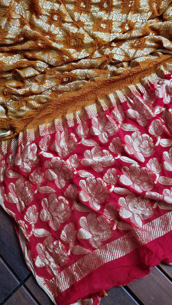 Zynah Pure Georgette Designer Bandhani Saree with Gharchola & Zari Weave; Custom Stitched/Ready-made Blouse, Fall, Petticoat; Shipping available USA, Worldwide