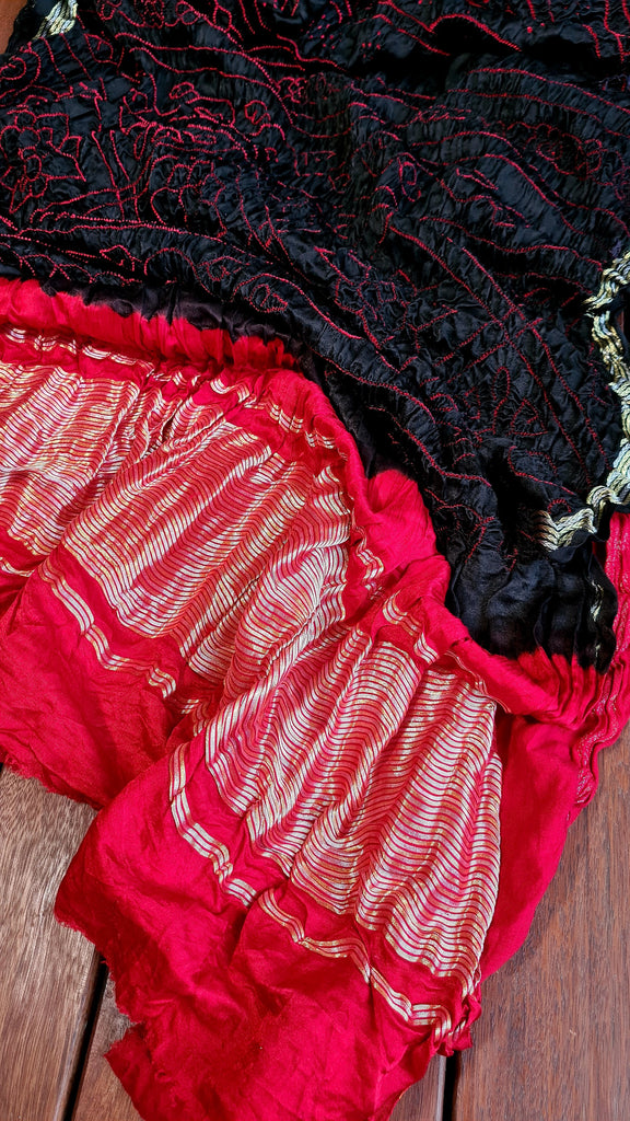 Zynah Pure Gajji Silk Designer Bandhani Saree with Zari Border & Pallu; Custom Stitched/Ready-made Blouse, Fall, Petticoat; Shipping available USA, Worldwide