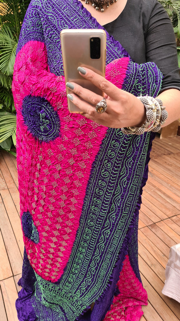 Zynah Pure Gajji Silk Designer Bandhani Saree with Trending Big Border; Custom Stitched/Ready-made Blouse, Fall, Petticoat; Shipping available USA, Worldwide