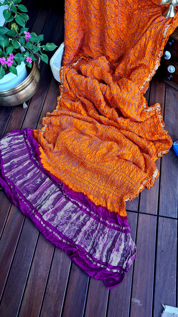 Zynah Pure Gajji Silk Designer Bandhani Saree with Tissue Zari Pallu; Custom Stitched/Ready-made Blouse, Fall, Petticoat; Shipping available USA, Worldwide
