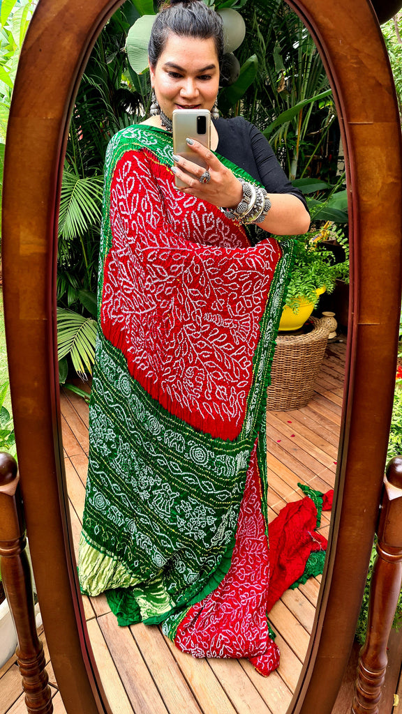 Zynah Pure Gajji Silk Designer Bandhani Saree with Tissue Pallu; Custom Stitched/Ready-made Blouse, Fall, Petticoat; Shipping available USA, Worldwide