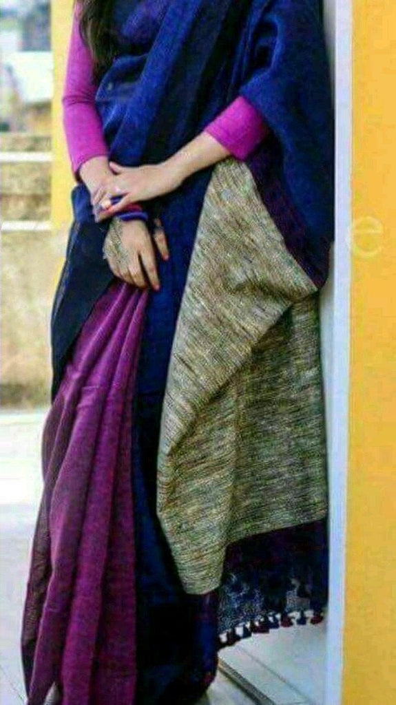 Zynah Half and Half Organic Lab Tested pure 'Linen by Linen' Handcrafted Saree with gheecha pallu; Custom Stitched/Ready-made Blouse, Fall, Petticoat; Shipping available USA, Worldwide