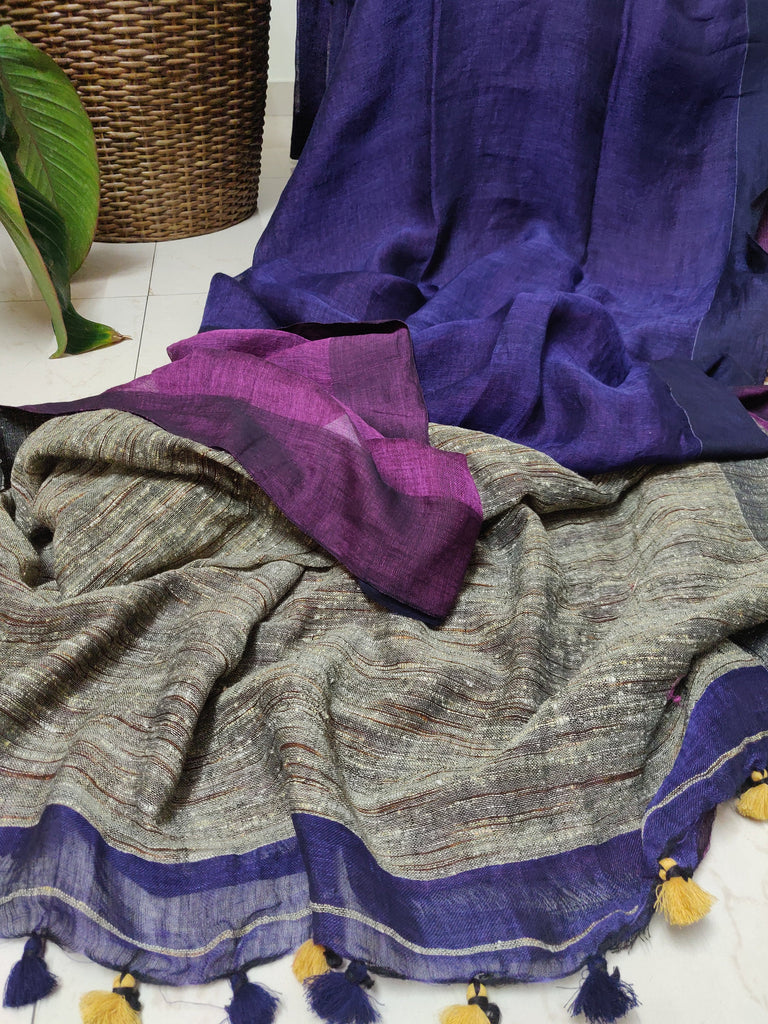 Zynah Half and Half Organic Lab Tested pure 'Linen by Linen' Handcrafted Saree with gheecha pallu; Custom Stitched/Ready-made Blouse, Fall, Petticoat; Shipping available USA, Worldwide