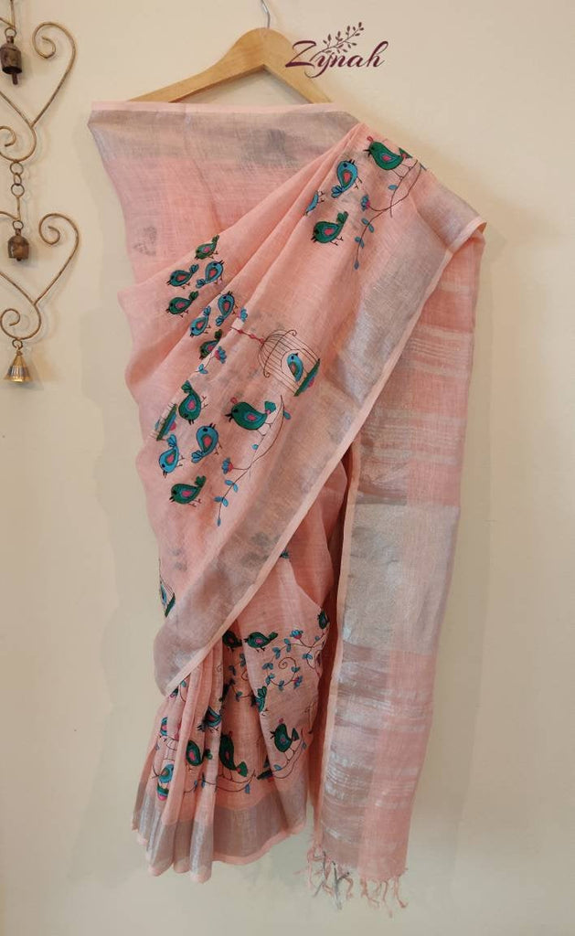 Zynah Organic Lab Tested superior Count pure 'Linen By Linen' embroidered saree; Custom Stitched/Ready-made Blouse, Fall, Petticoat; Shipping available USA, Worldwide