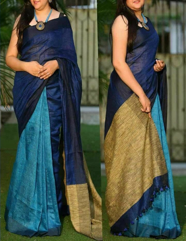 Zynah Half and Half Organic Lab Tested pure 'Linen by Linen' Handcrafted Saree with gheecha pallu; Custom Stitched/Ready-made Blouse, Fall, Petticoat; Shipping available USA, Worldwide