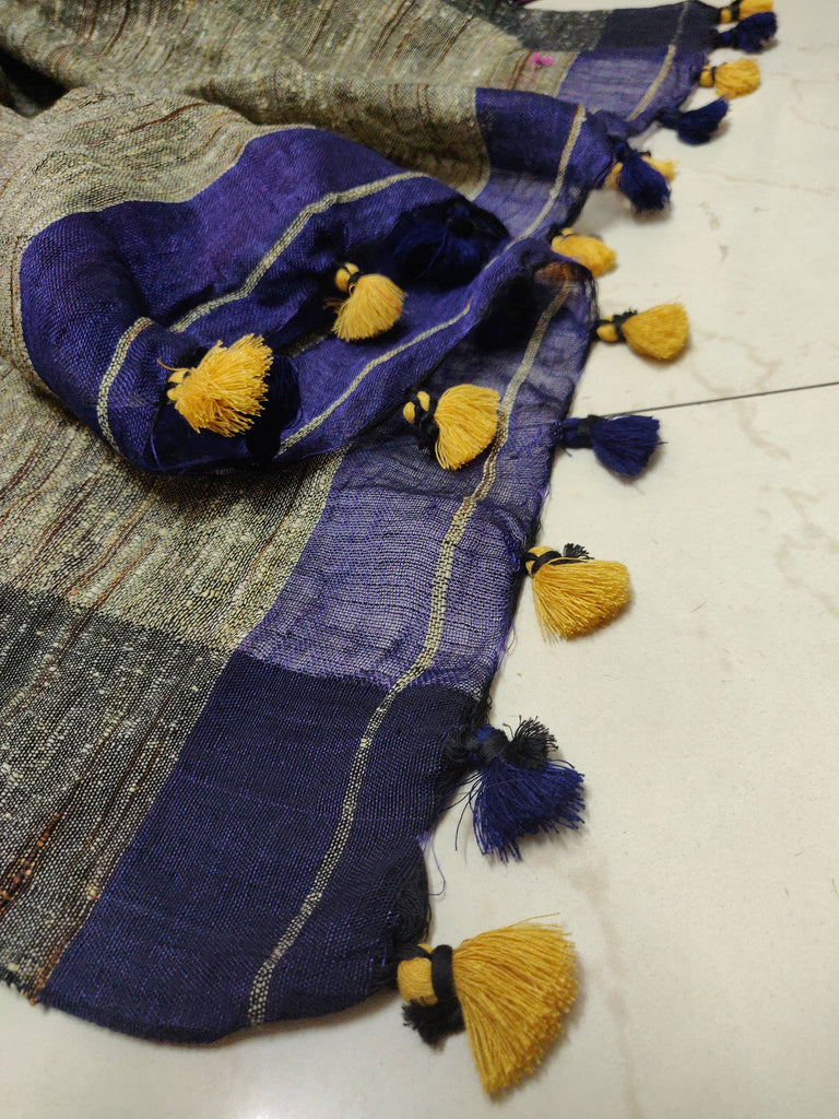 Zynah Half and Half Organic Lab Tested pure 'Linen by Linen' Handcrafted Saree with gheecha pallu; Custom Stitched/Ready-made Blouse, Fall, Petticoat; Shipping available USA, Worldwide