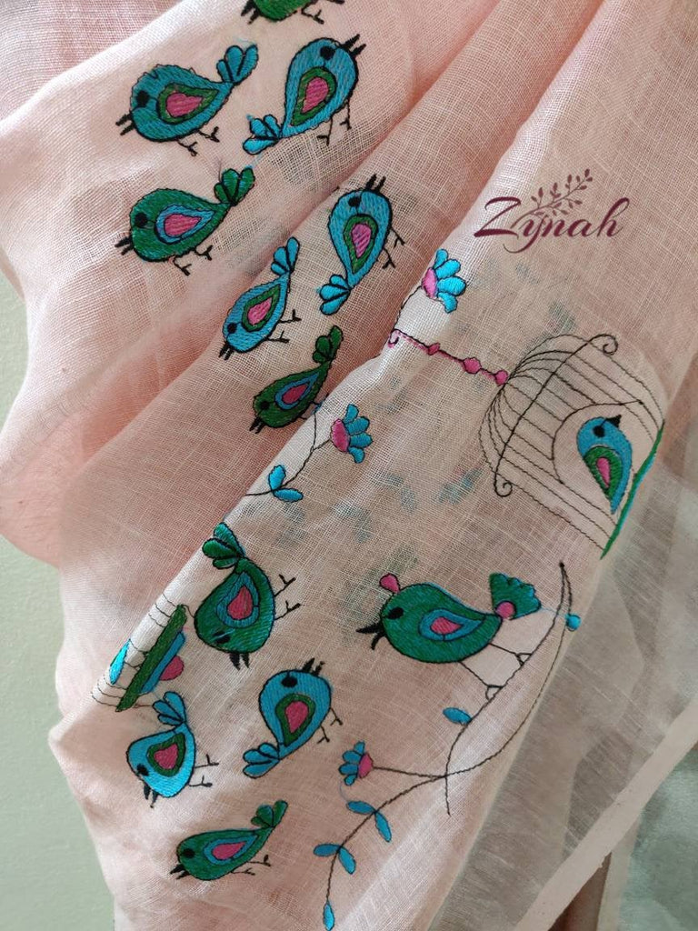 Zynah Organic Lab Tested superior Count pure 'Linen By Linen' embroidered saree; Custom Stitched/Ready-made Blouse, Fall, Petticoat; Shipping available USA, Worldwide