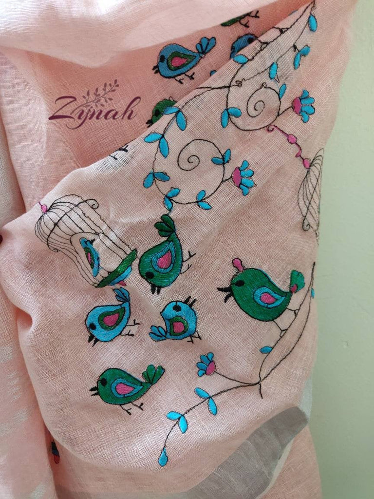 Zynah Organic Lab Tested superior Count pure 'Linen By Linen' embroidered saree; Custom Stitched/Ready-made Blouse, Fall, Petticoat; Shipping available USA, Worldwide