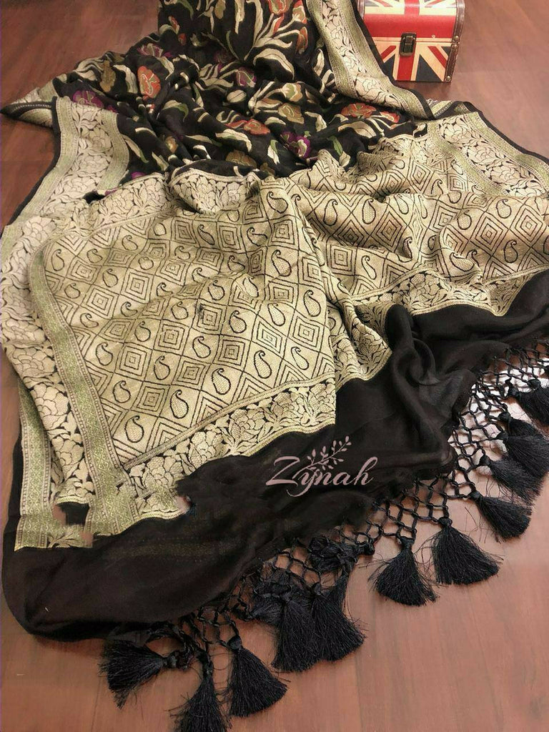 Zynah Pure Chiffon Georgette Banarasi Woven Saree, Dyeable; Custom Stitched/Ready-made Blouse, Fall, Petticoat; Shipping available USA, Worldwide