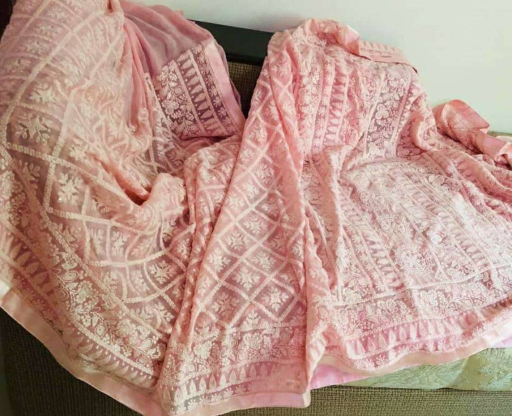 Zynah Pure Georgette Chikankari Saree with Satin Lace Border; Custom Stitched/Ready-made Blouse, Fall, Petticoat; Shipping available USA, Worldwide