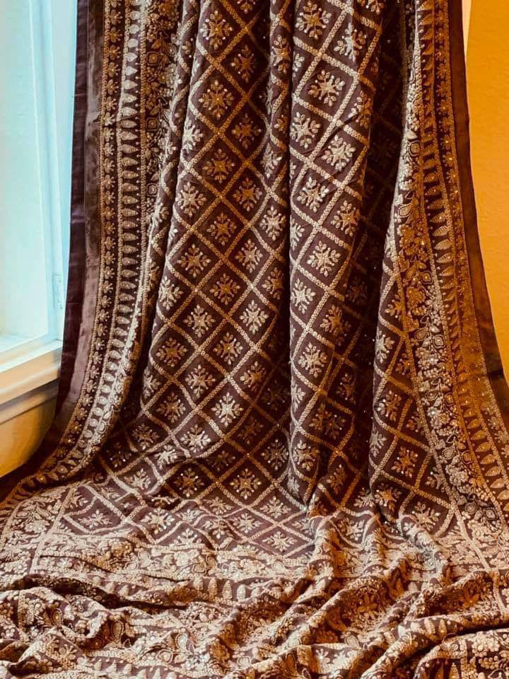 Zynah Pure Georgette Chikankari Saree with Satin Lace Border; Custom Stitched/Ready-made Blouse, Fall, Petticoat; Shipping available USA, Worldwide