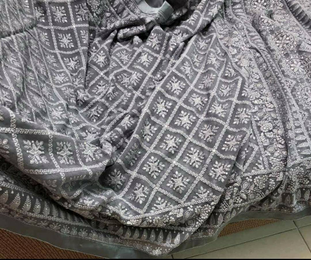 Zynah Pure Georgette Chikankari Saree with Satin Lace Border; Custom Stitched/Ready-made Blouse, Fall, Petticoat; Shipping available USA, Worldwide