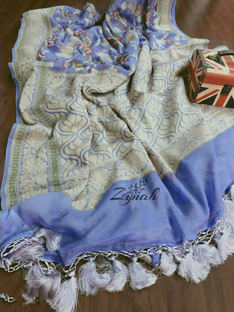 Zynah Pure Chiffon Georgette Banarasi Woven Saree, Dyeable; Custom Stitched/Ready-made Blouse, Fall, Petticoat; Shipping available USA, Worldwide