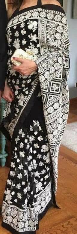 Zynah Pure Georgette Chikankari Saree with intricate floral bouquet;Custom Stitched/Ready-made Blouse, Fall, Petticoat; Shipping available USA, Worldwide