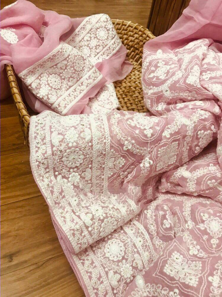 Zynah Pure Georgette Chikankari Saree in Pastel Shades with Sequence Hand work; Custom Stitched/Ready-made Blouse, Fall, Petticoat; Shipping available USA, Worldwide