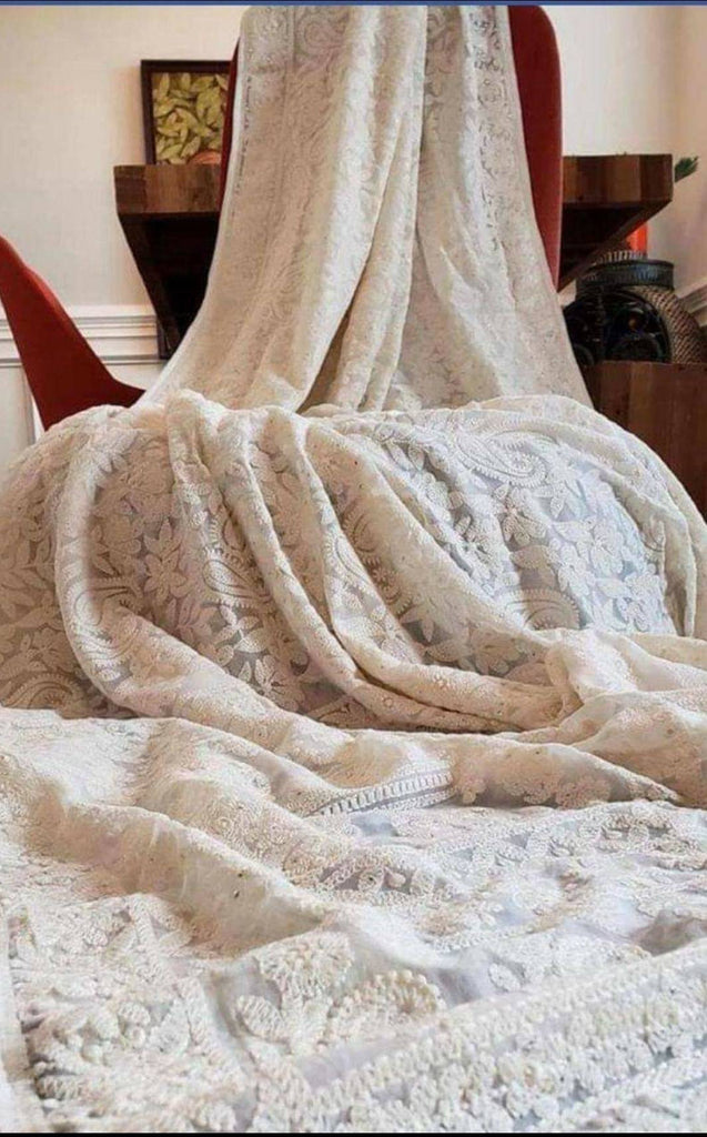 Zynah Pure Georgette Chikankari Saree with Glitter work, Dyeable; Custom Stitched/Ready-made Blouse, Fall, Petticoat; Shipping available USA, Worldwide