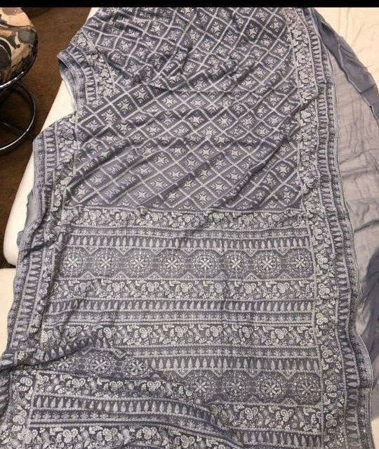 Zynah Pure Georgette Chikankari Saree with Satin Lace Border; Custom Stitched/Ready-made Blouse, Fall, Petticoat; Shipping available USA, Worldwide