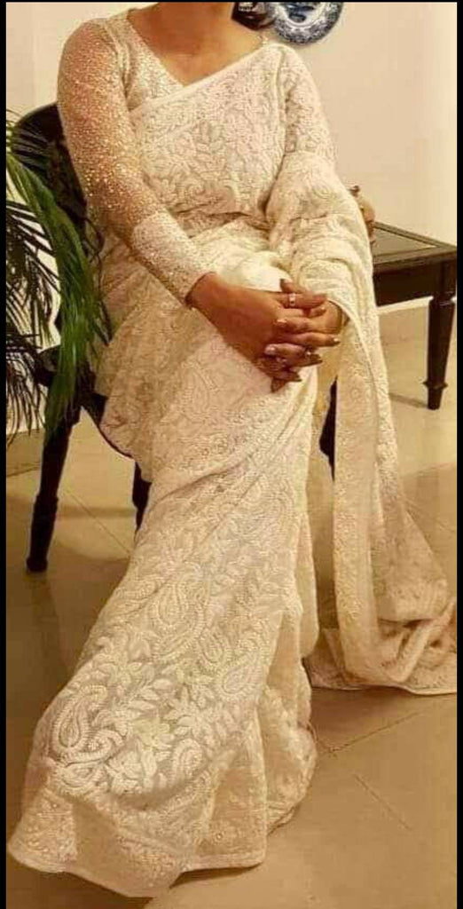 Zynah Pure Georgette Chikankari Saree with Glitter work, Dyeable; Custom Stitched/Ready-made Blouse, Fall, Petticoat; Shipping available USA, Worldwide