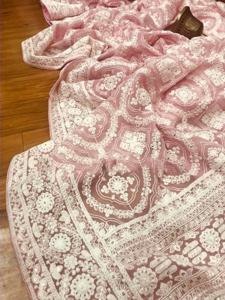 Zynah Pure Georgette Chikankari Saree in Pastel Shades with Sequence Hand work; Custom Stitched/Ready-made Blouse, Fall, Petticoat; Shipping available USA, Worldwide