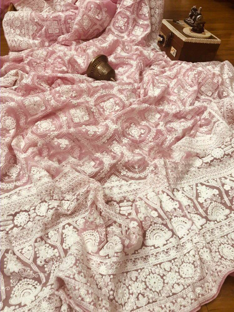 Zynah Pure Georgette Chikankari Saree in Pastel Shades with Sequence Hand work; Custom Stitched/Ready-made Blouse, Fall, Petticoat; Shipping available USA, Worldwide