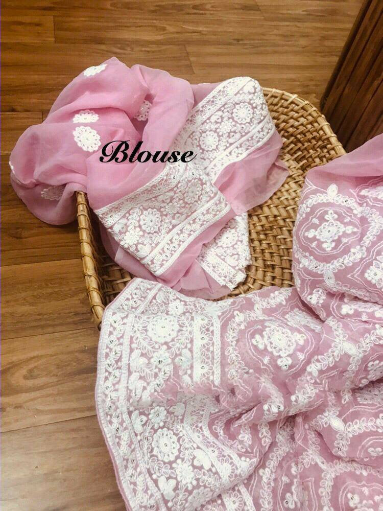 Zynah Pure Georgette Chikankari Saree in Pastel Shades with Sequence Hand work; Custom Stitched/Ready-made Blouse, Fall, Petticoat; Shipping available USA, Worldwide