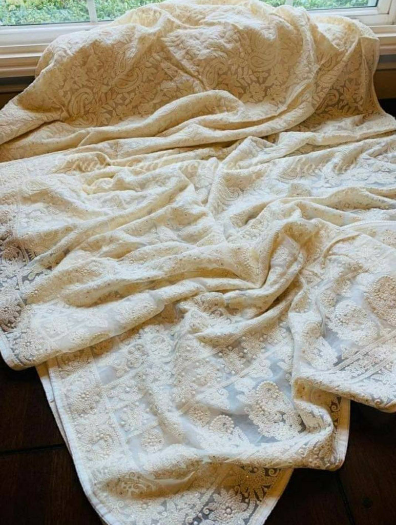 Zynah Pure Georgette Chikankari Saree with Glitter work, Dyeable; Custom Stitched/Ready-made Blouse, Fall, Petticoat; Shipping available USA, Worldwide