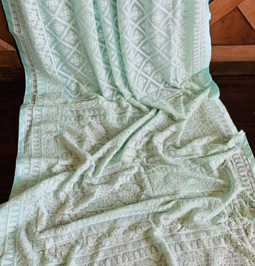 Zynah Pure Georgette Chikankari Saree with Satin Lace Border; Custom Stitched/Ready-made Blouse, Fall, Petticoat; Shipping available USA, Worldwide