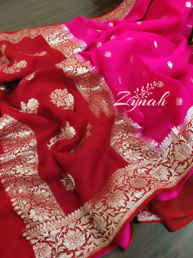 Zynah Pure Banarasi Handloom Khaddi Georgette Saree with Zari Weave; Custom Stitched/Ready-made Blouse, Fall, Petticoat; Shipping available USA, Worldwide